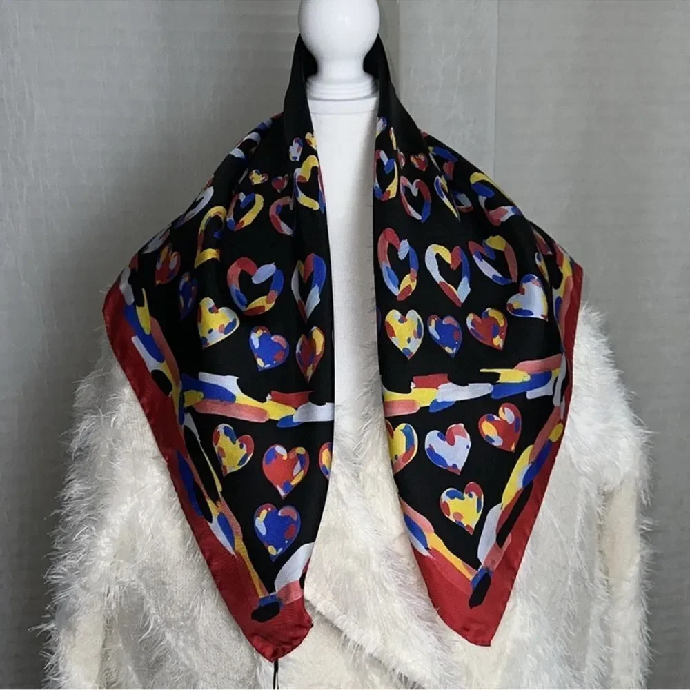 MOSCHINO Red Multicolored Hearts Silk Square Scarf